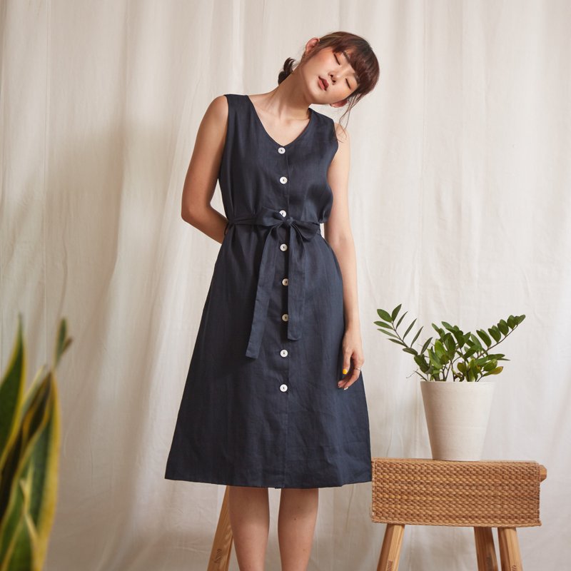 无袖 亚麻 V领 洋装 - 海军色 - 洋装/连衣裙 - 亚麻 蓝色