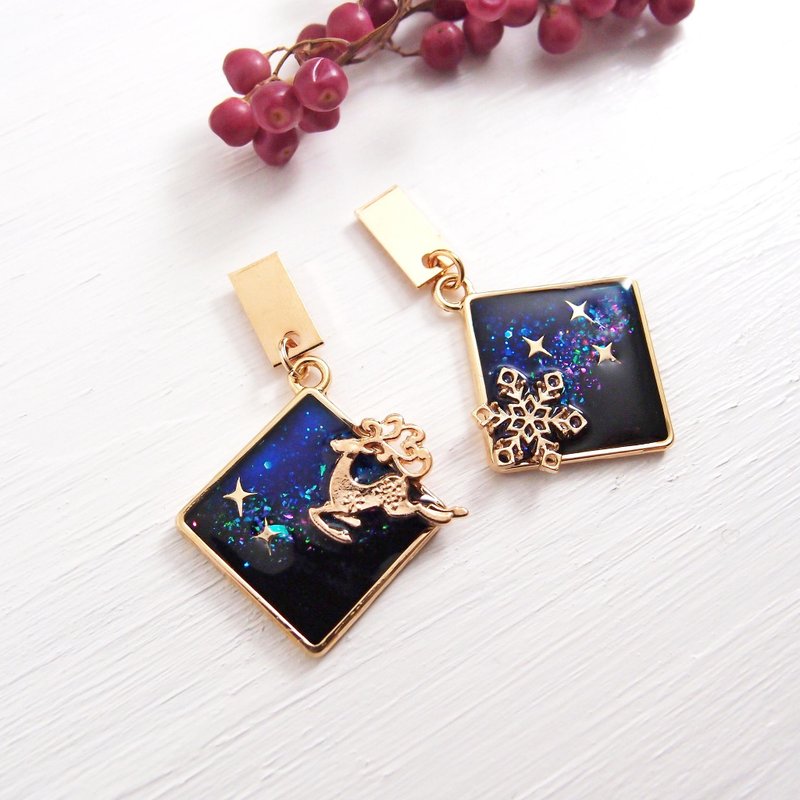 雪夜 x 花鹿 - 垂坠式耳环 / 可改耳夹、防过敏不锈钢耳针 - 耳环/耳夹 - 硅胶 蓝色