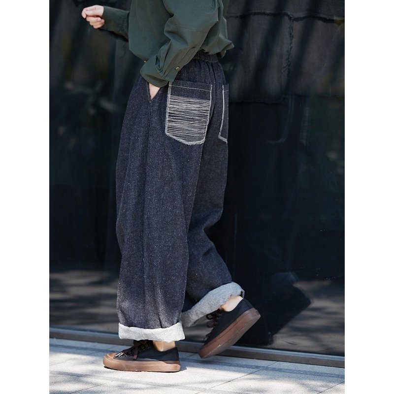 三季款须黑色汉麻棉松紧腰经典女士休闲直筒牛仔裤 - 女装长裤 - 棉．麻 