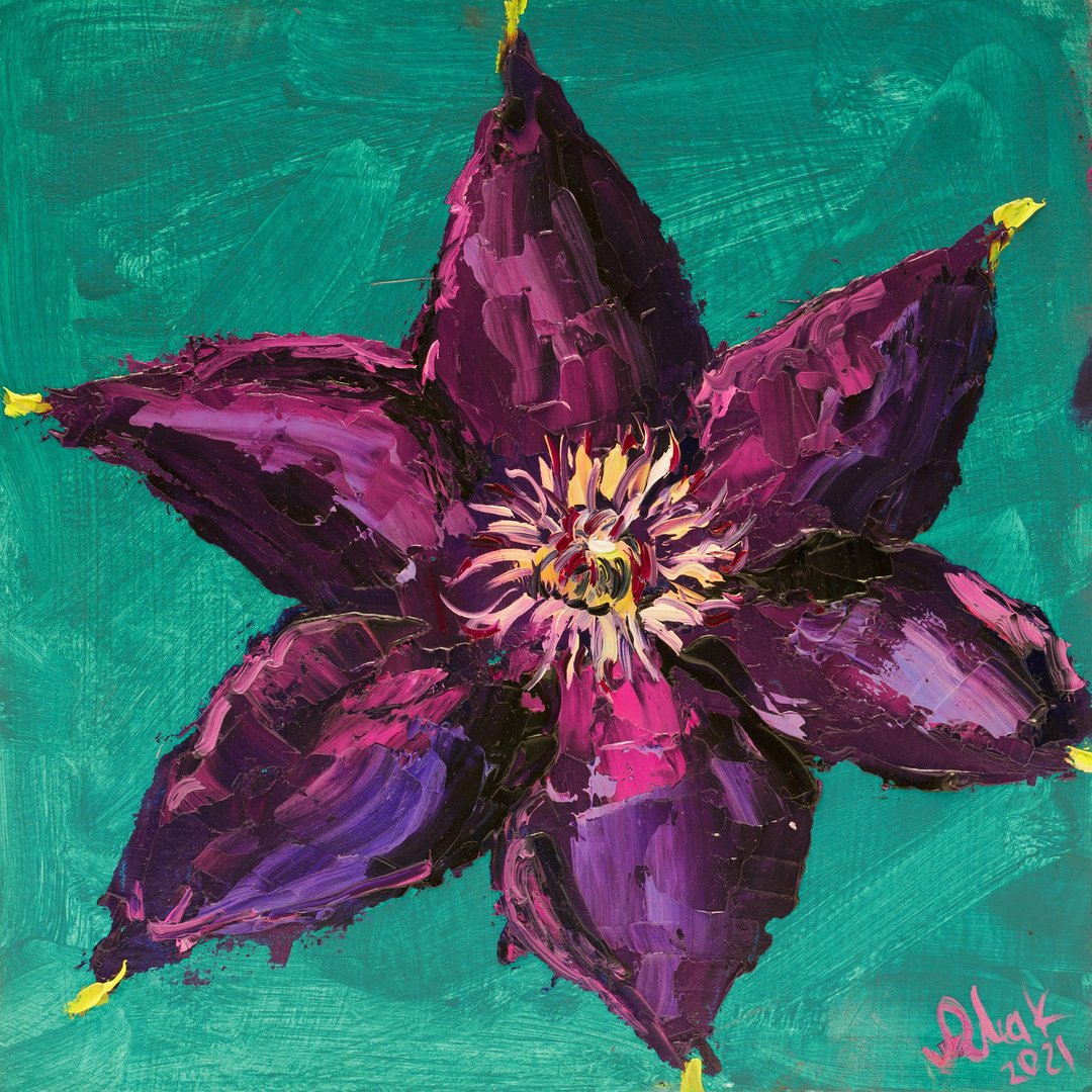 Clematis Painting Small Floral Original Painting Tiny Oil Painting Impasto Flowe - 海报/装饰画/版画 - 其他材质 紫色