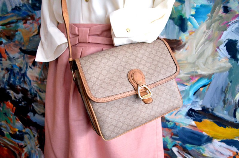 中古CELINE PU +真皮三格手袋包包 意大利高级二手古着珠宝首饰 - 侧背包/斜挎包 - 人造皮革 卡其色