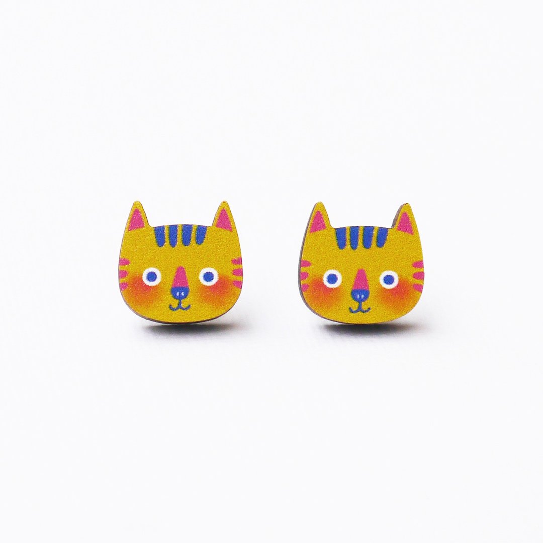 Momo The Yellow Cat 摸摸黄色小猫木制耳环 原创插画 耳针耳夹 - 耳环/耳夹 - 木头 黄色