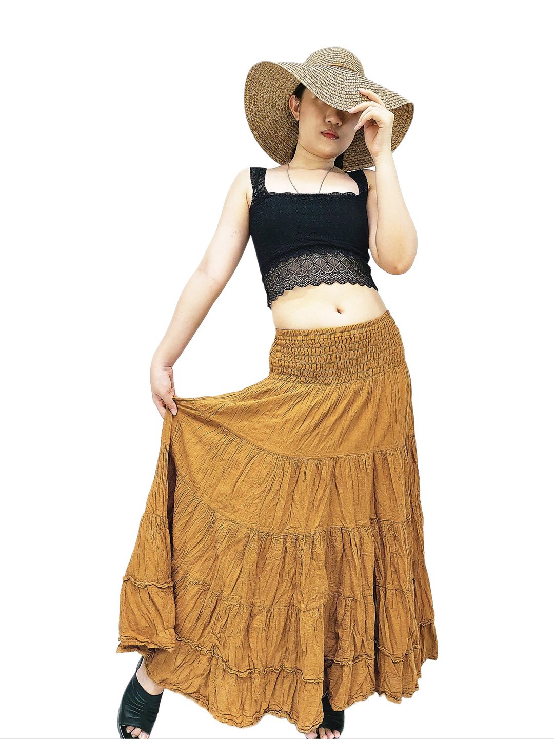 Woma clothing Unique Cotton Skirt Tiered Ruffle Skirt Long Skirt Elastic Waist - 裙子 - 棉 多色