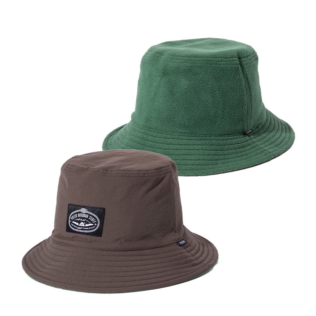 日本限定 POLER REVERSIBLE BUCKET HAT 毛帽尼龙双面渔夫帽/棕绿 - 帽子 - 其他材质 咖啡色