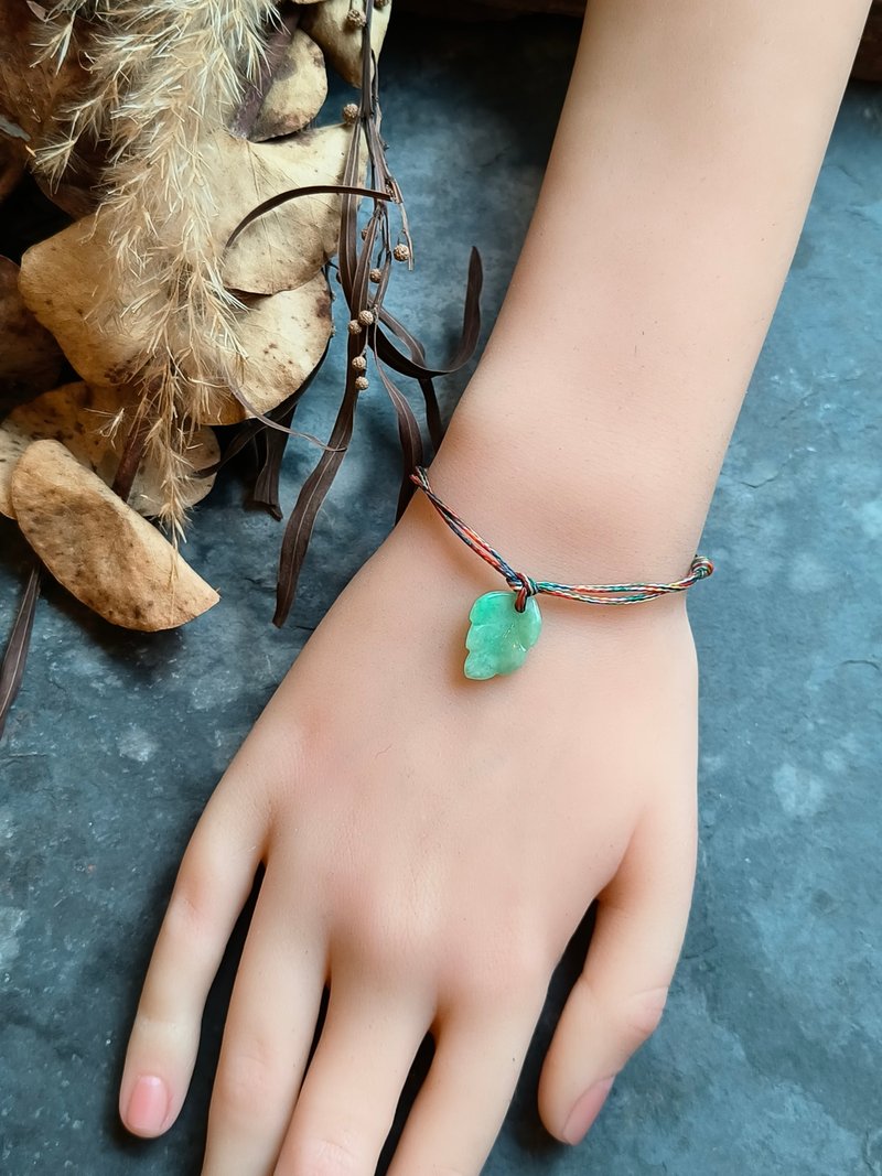 天然缅甸翡翠 果绿叶子 淡绿小圈OT扣 五色手绳 檀木珠 2410409 - 手链/手环 - 宝石 绿色