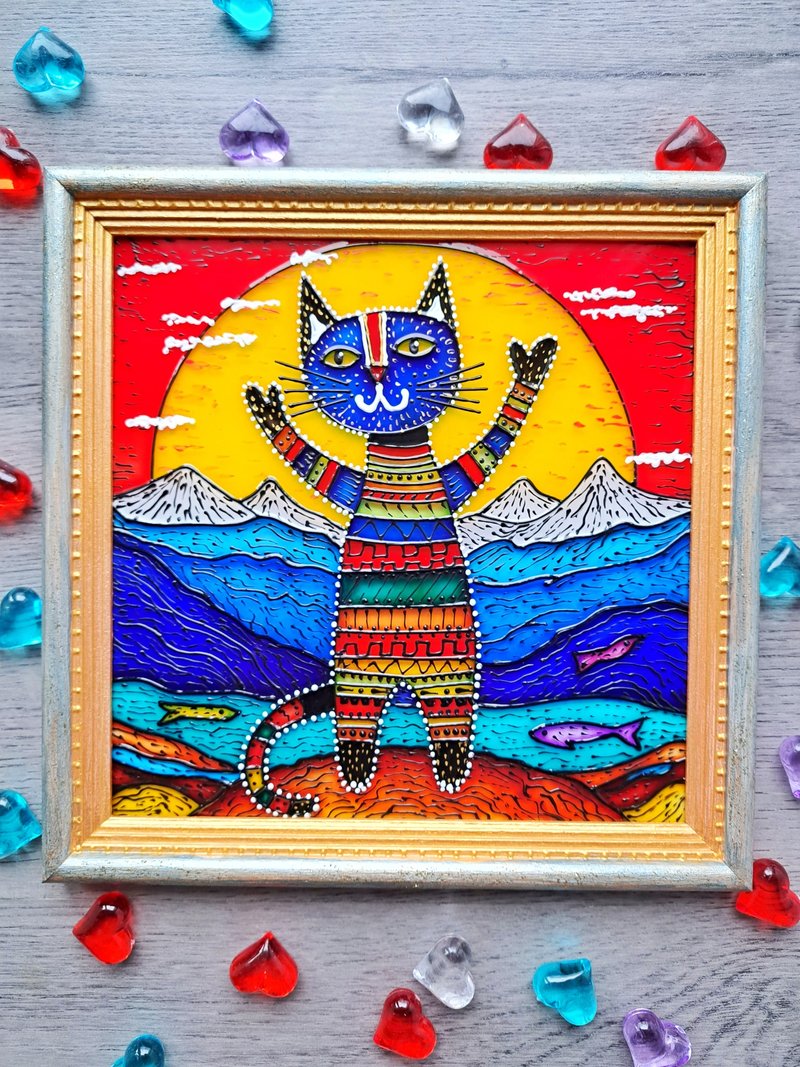 手绘彩绘玻璃可爱猫山风景天真原画 - 墙贴/壁贴 - 玻璃 多色