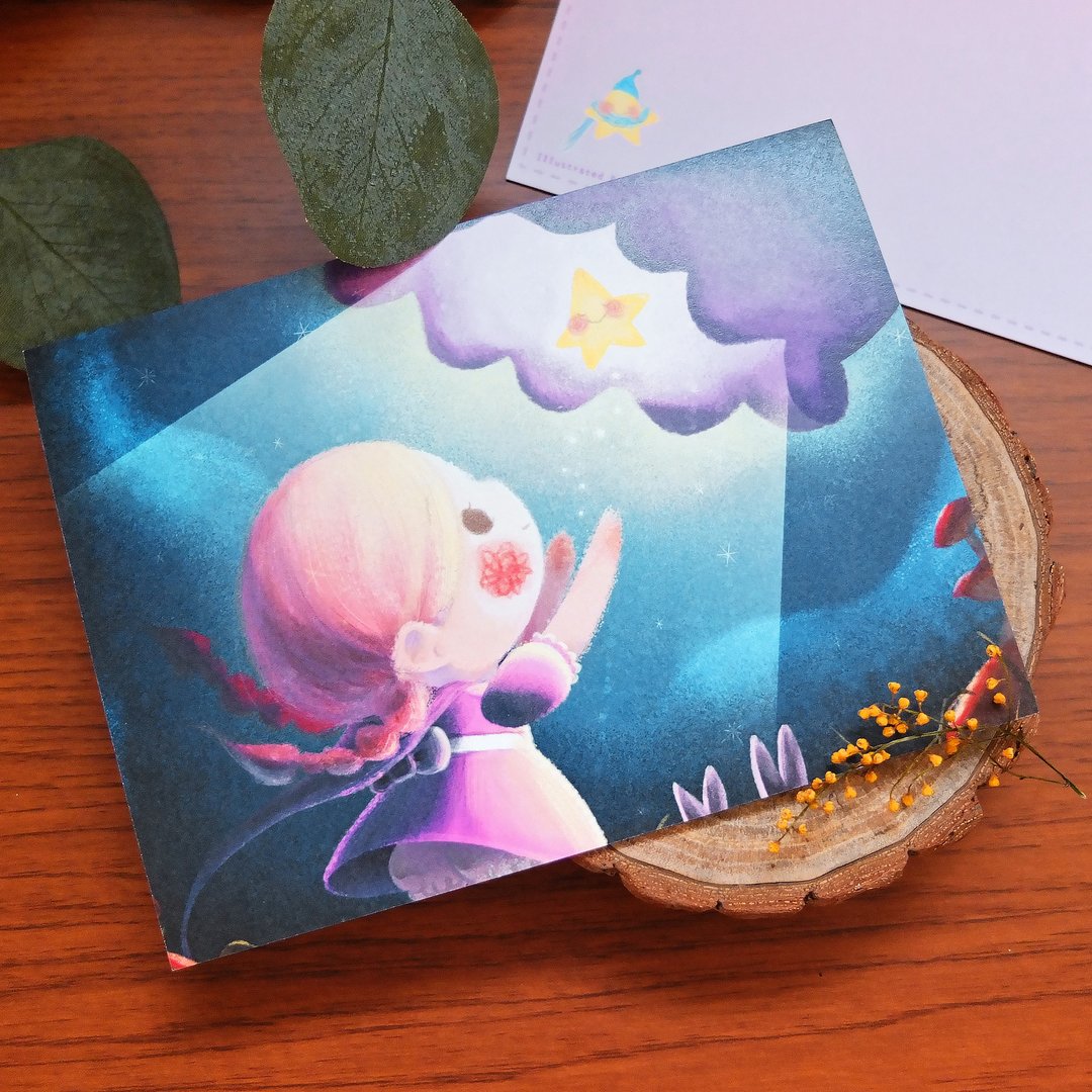 女孩与小星星－插画明信片 - 卡片/明信片 - 纸 蓝色