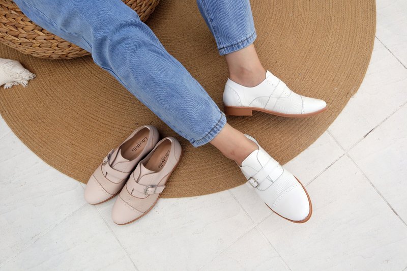 夏日小白鞋【空白键】格纹牛津鞋-白色 - 男款牛津鞋/乐福鞋 - 真皮 白色