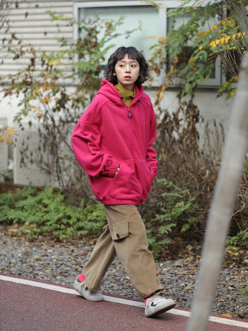 oddmaker 可爱拉链头摇粒绒纯色秋冬季宽松休闲落肩男女外套卫衣 - 女装上衣 - 聚酯纤维 