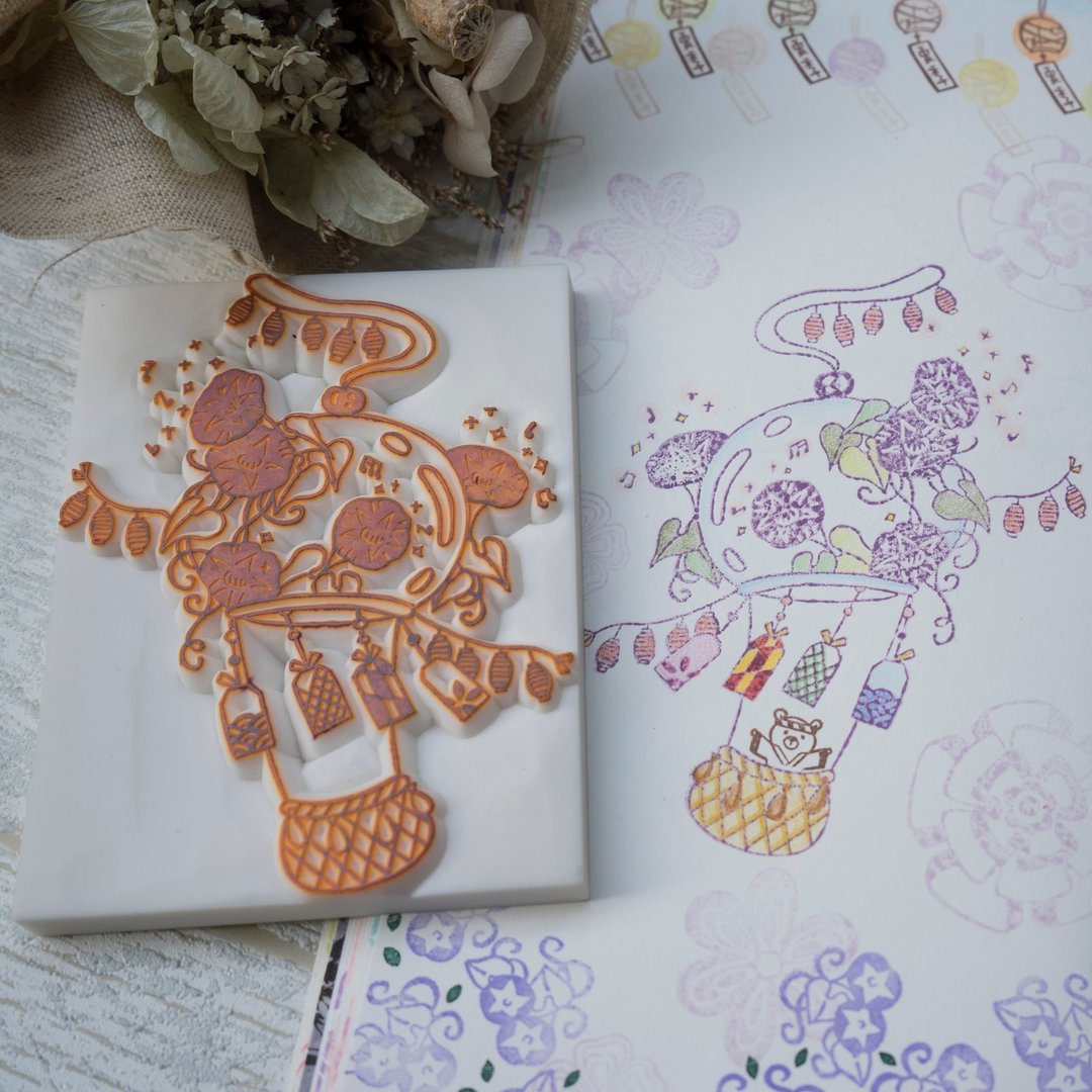 | 展示作品 | 牵牛花风铃热气球 手刻印章 橡皮章 - 印章/印台 - 木头 紫色