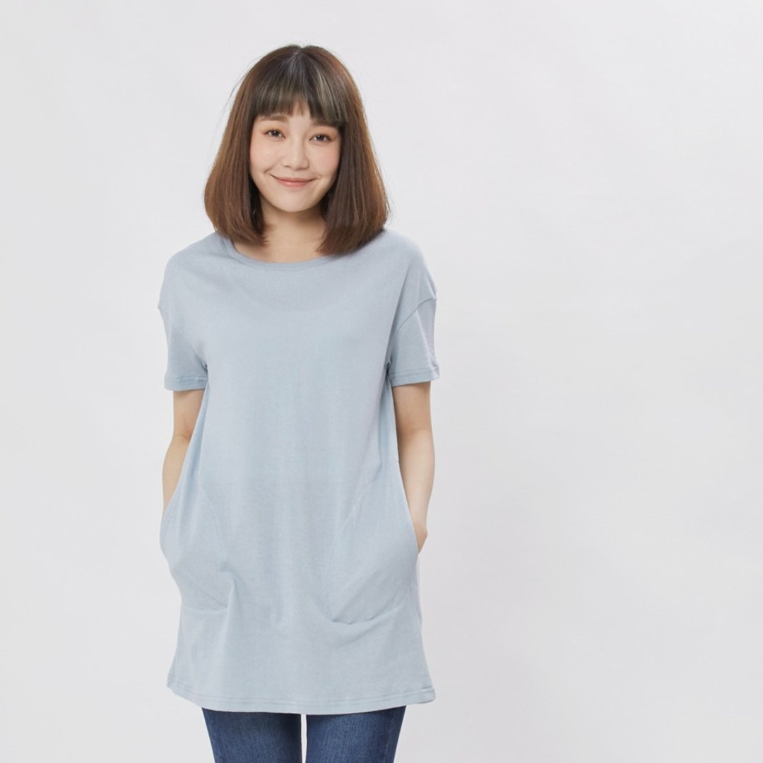 風吹棉口袋長版TEE/霧藍 - 女装短裤 - 棉 蓝色