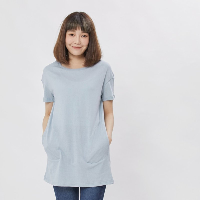 風吹棉口袋長版TEE/霧藍 - 女装短裤 - 棉．麻 蓝色