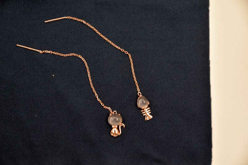 (猫与鱼) (兔子与萝卜) 天然粉晶-好人缘 纯银 镀玫瑰金 耳链 - 耳环/耳夹 - 玫瑰金 