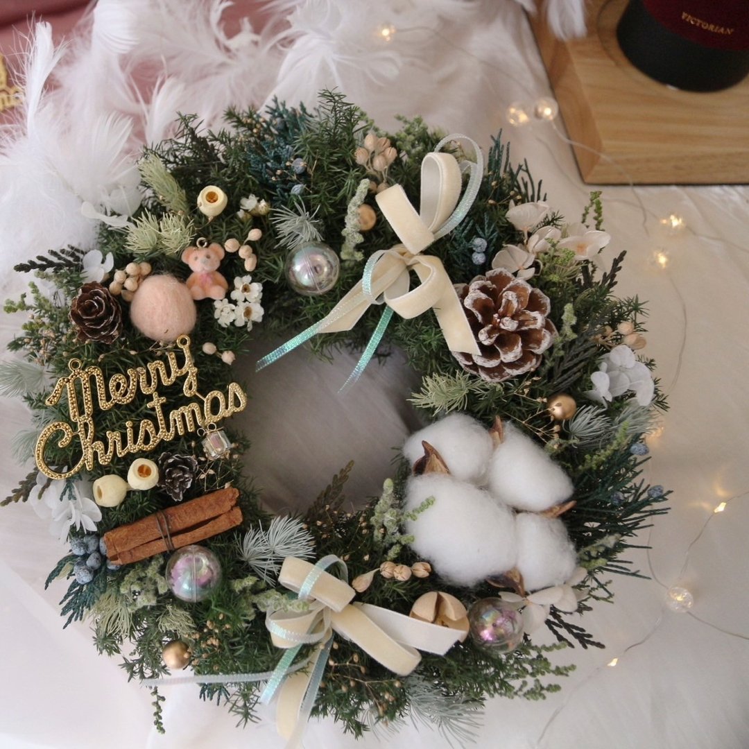可爱小熊 雪松圣诞花圈 奶杏粉色装饰 永生圣诞花圈 圣诞节礼物 - 干燥花/捧花 - 植物．花 橘色