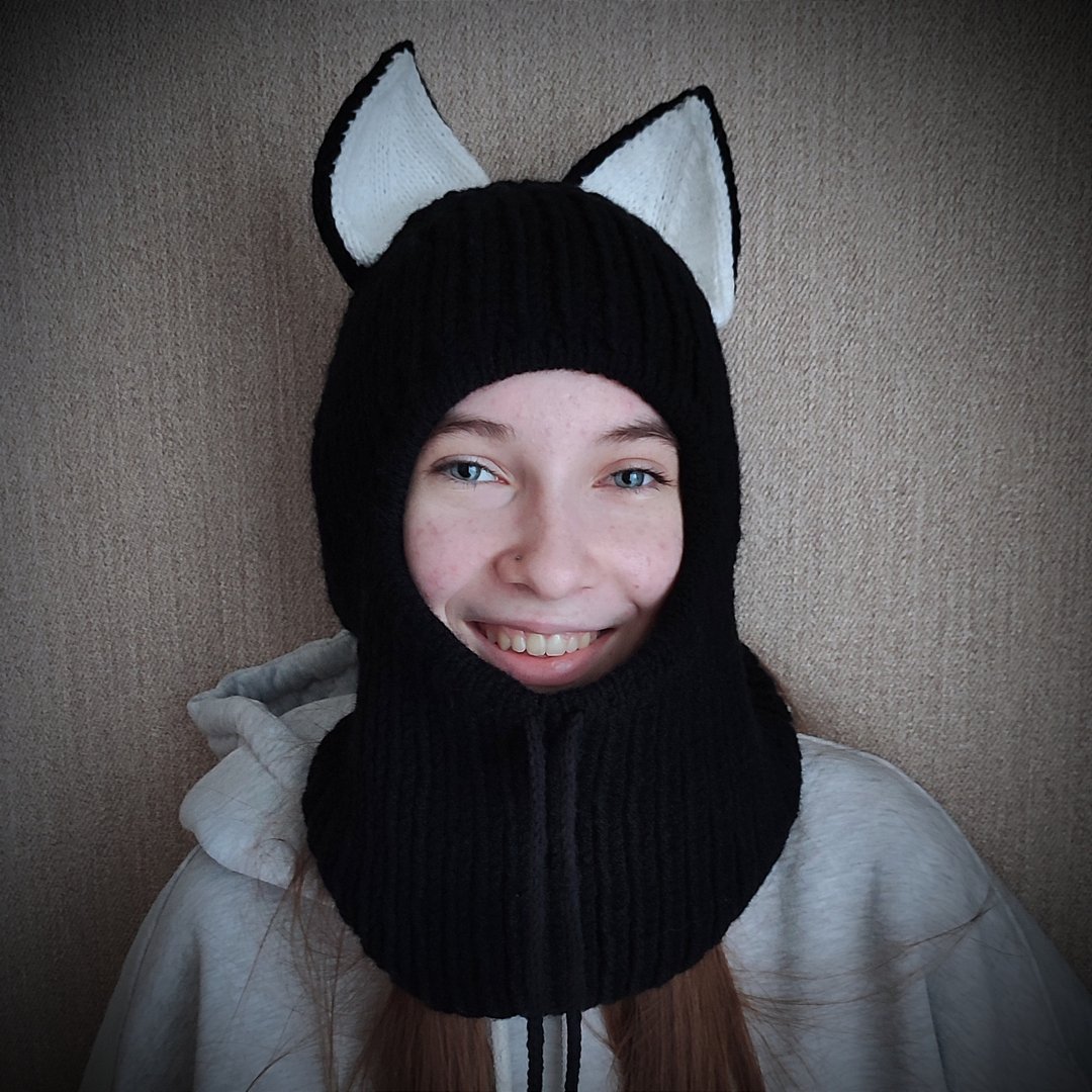 Balaclava  dog husky. Knitted balaclava. Handmade black balaclava. Warm hat. - 帽子 - 羊毛 黑色