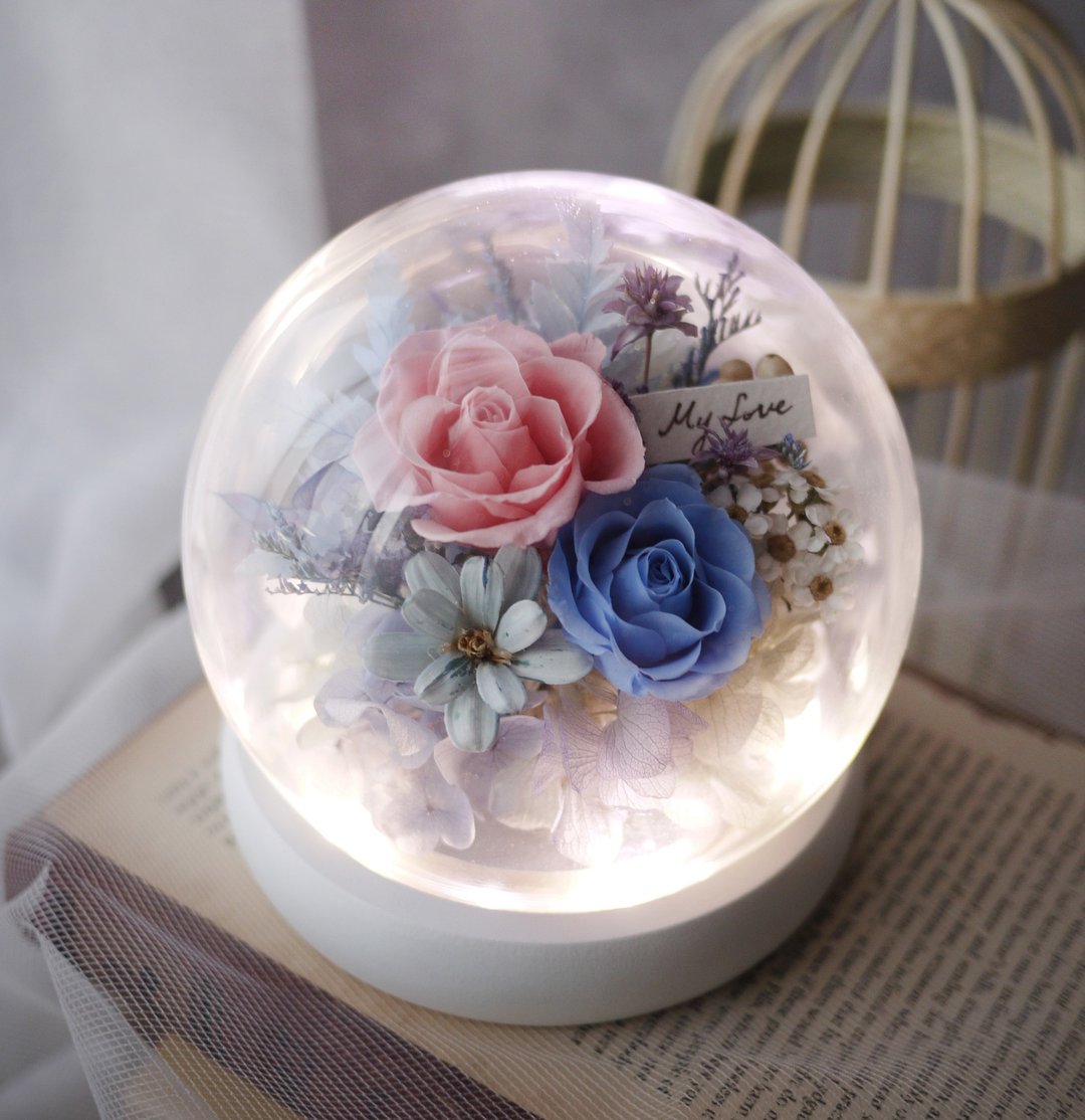 MyLove不凋花玻璃罩盅 夜灯 新婚 情人节 生日 新居 (手写字可改) - 干燥花/捧花 - 植物．花 粉红色