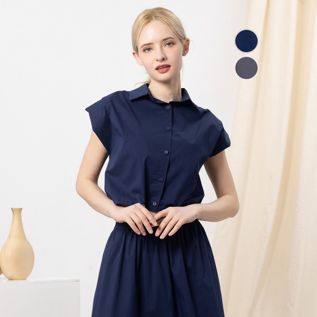 【MEDUSA】简约扩肩短版抽绳衬衫 - 2色(M-XL) | 女短袖衬衫 短版 - 女装衬衫 - 棉 灰色