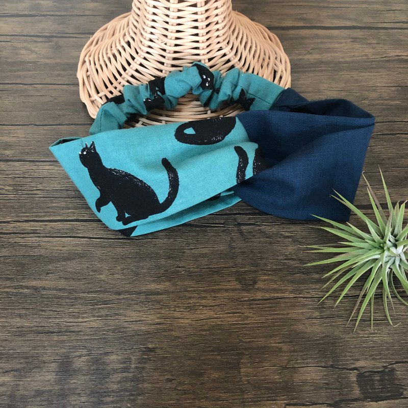 猫咪交叉发带 /ヘアバンド - 发带/发箍 - 棉．麻 绿色