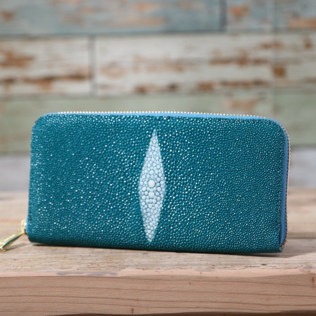 Japanese Manufacturers 魟 包 包 綠松 stone color made in JAPAN handmade leather wallet - 皮夹/钱包 - 真皮 绿色