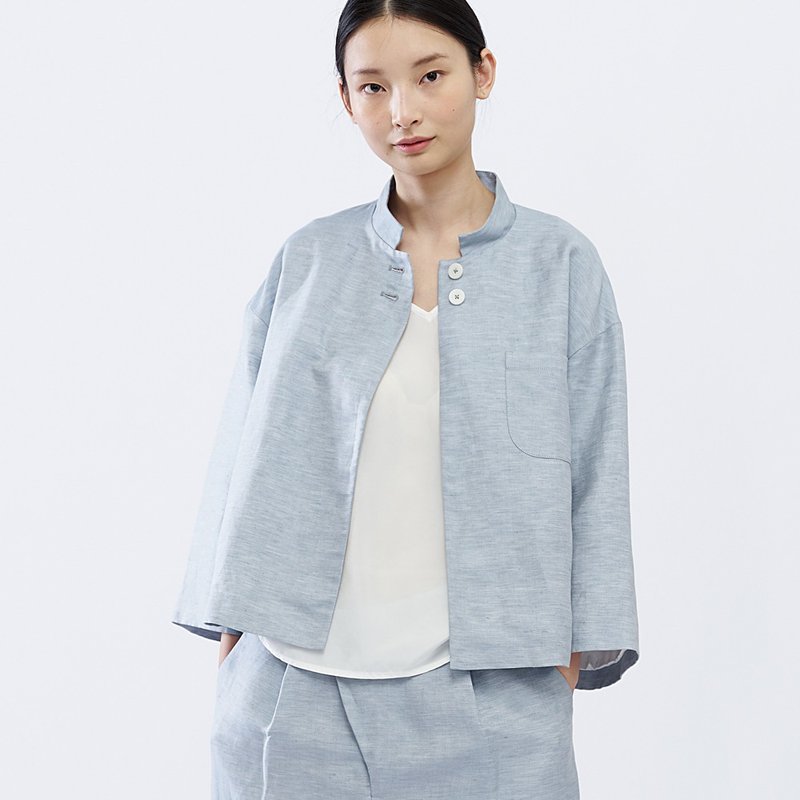 新增顏色 粉橘色 淡藍色 立領寬袖小外套  O210121 - 女装上衣 - 棉．麻 蓝色