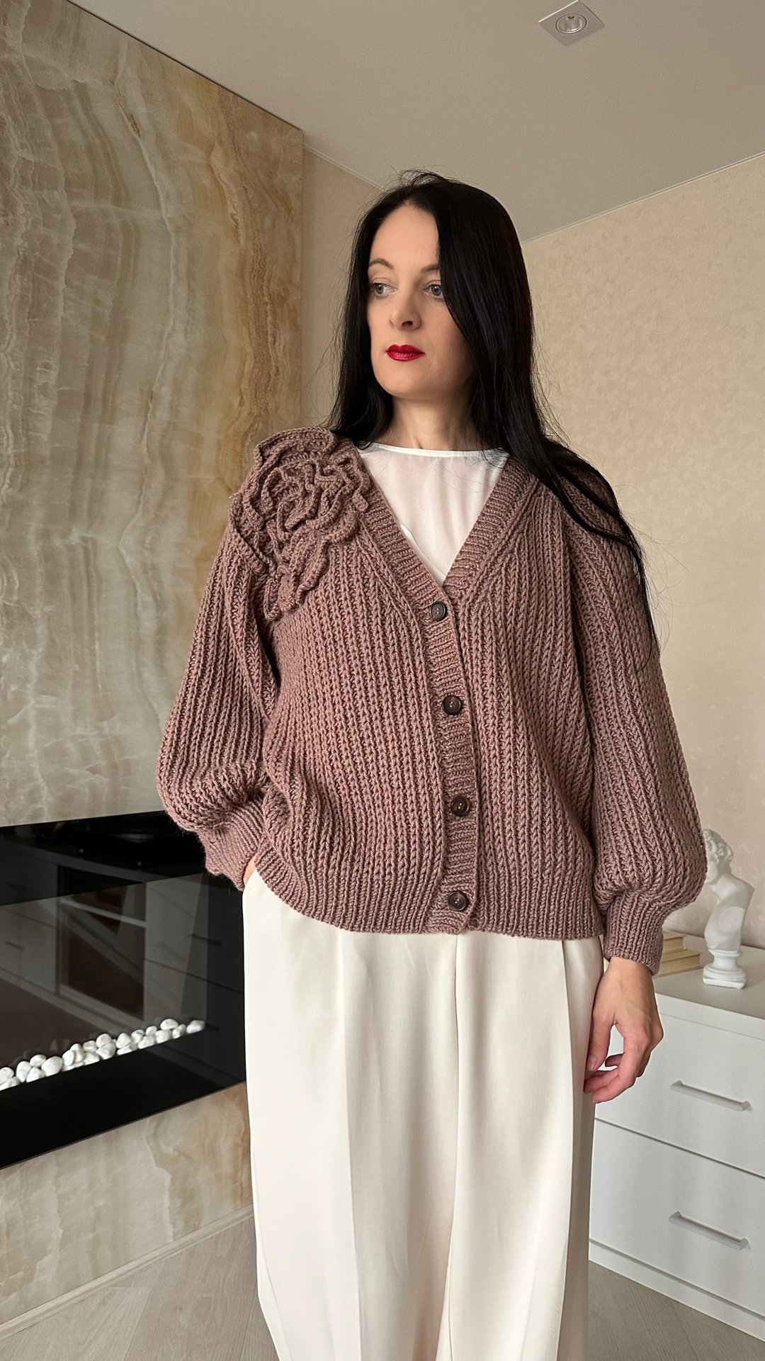 Flower cardigan Chunky knit cardigan Handmade cardigan - 女装针织衫/毛衣 - 羊毛 