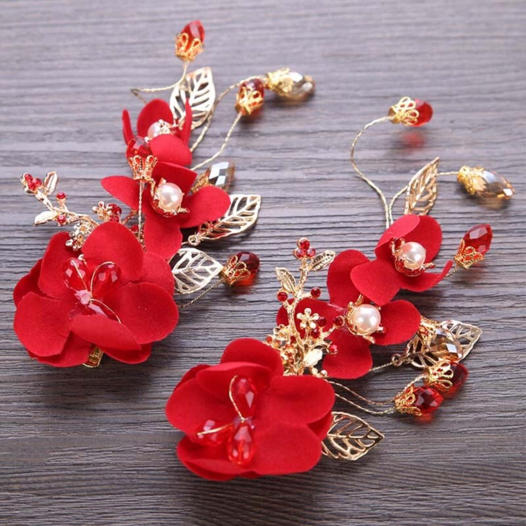 1 Pack Chinese Red Flower Simulated Pearl Crystal Hair Clip Hairpin Noiva Bridal - 发饰 - 铝合金 红色