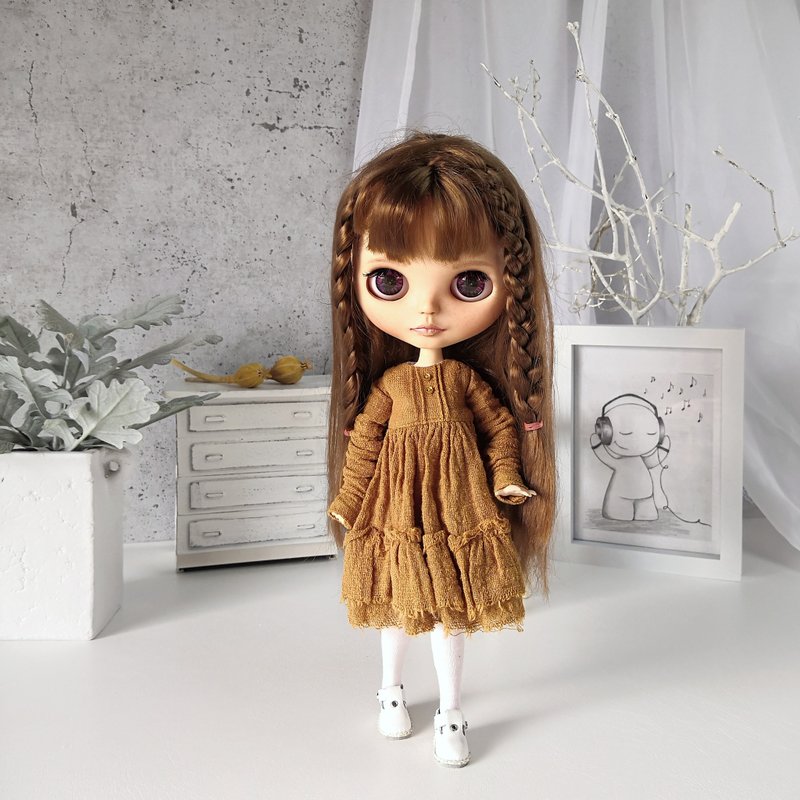 Mustard-colored dress Blythe doll, Clothes Blythe doll, Outfit doll - 玩偶/公仔 - 棉．麻 