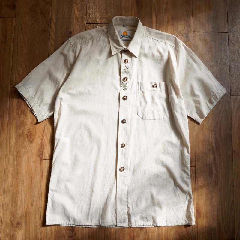 有関古着。Aumühle Tyrolean Shirt 提洛尔衬衫 刺绣绿花 短袖 - 男装衬衫 - 棉．麻 白色