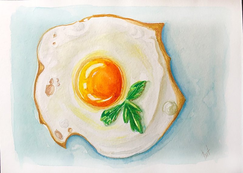 Fried Egg Painting Breakfast Original Art Food Artwork Still Life Wall Art - 海报/装饰画/版画 - 纸 黄色