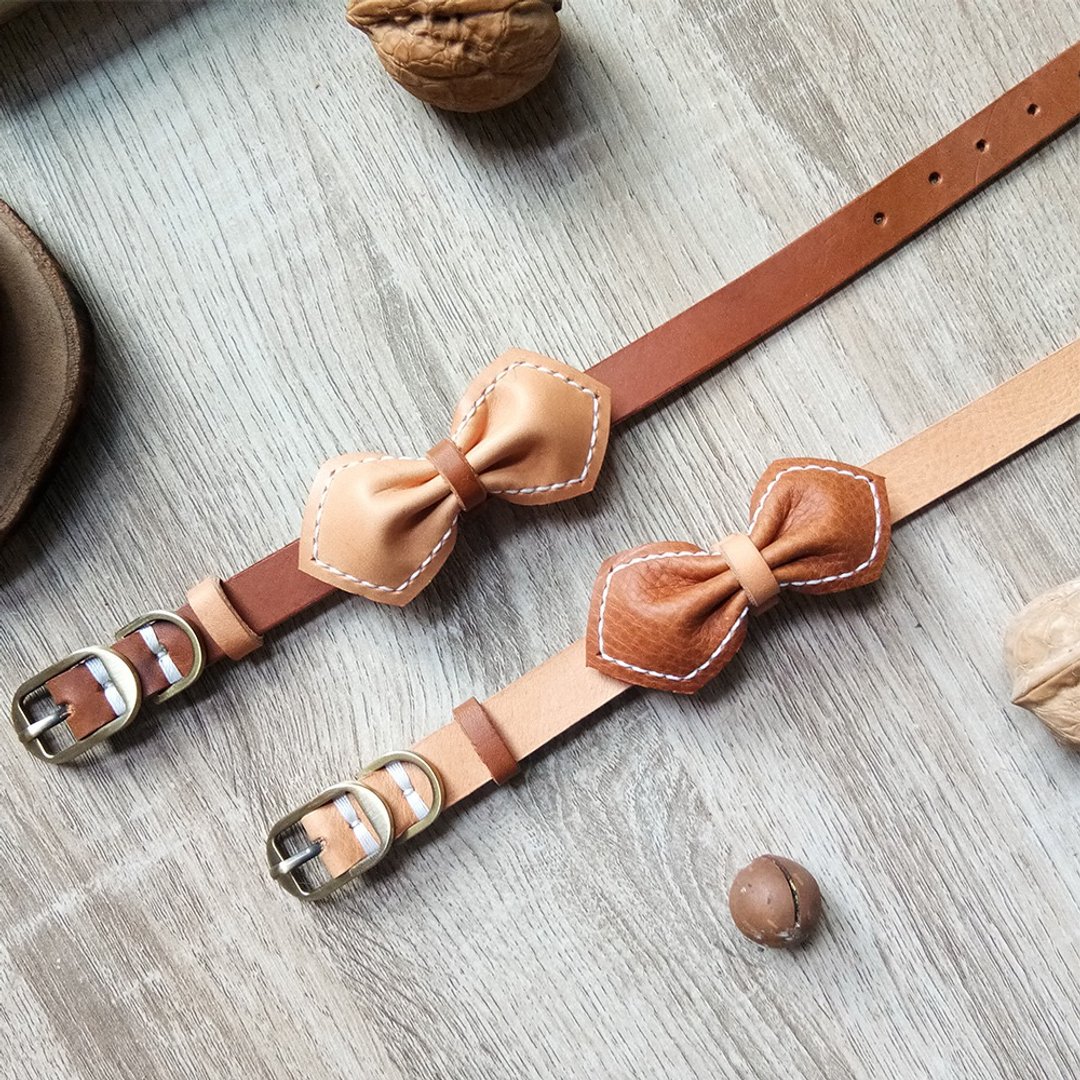 Leather Collar Tan colorM size for medium size cat or small dog (neck 22-27 cms) - 项圈/牵绳 - 真皮 咖啡色