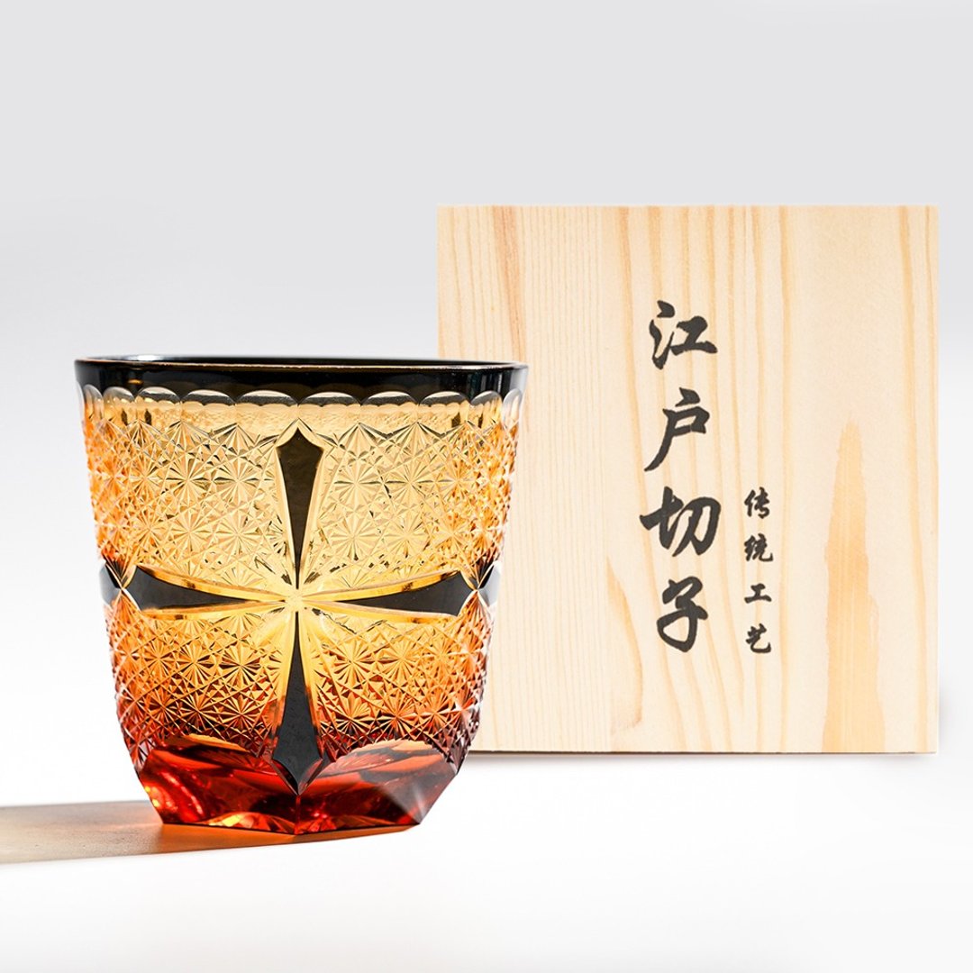 日式江户切子 琥珀渐层手工雕刻十字纹威士忌杯 刻字 父亲节礼物 - 酒杯/酒器 - 玻璃 金色