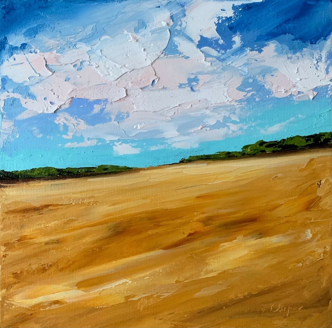 Original Yellow Landscape Oil Painting On Canvas Blue Sky Painting Impasto Art - 墙贴/壁贴 - 棉．麻 多色