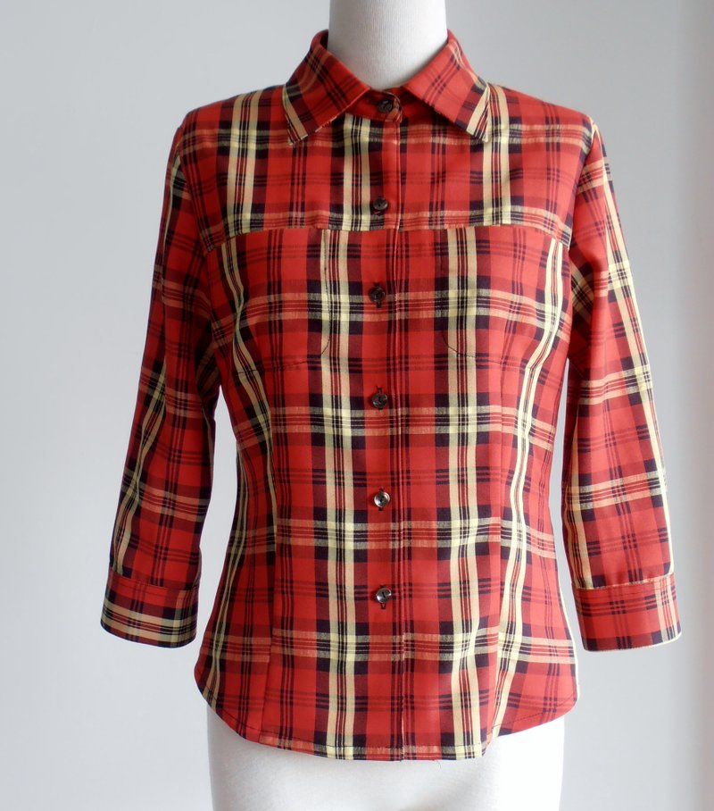 红黄格纹衬衫七分袖 - 女装衬衫 - 其他材质 红色