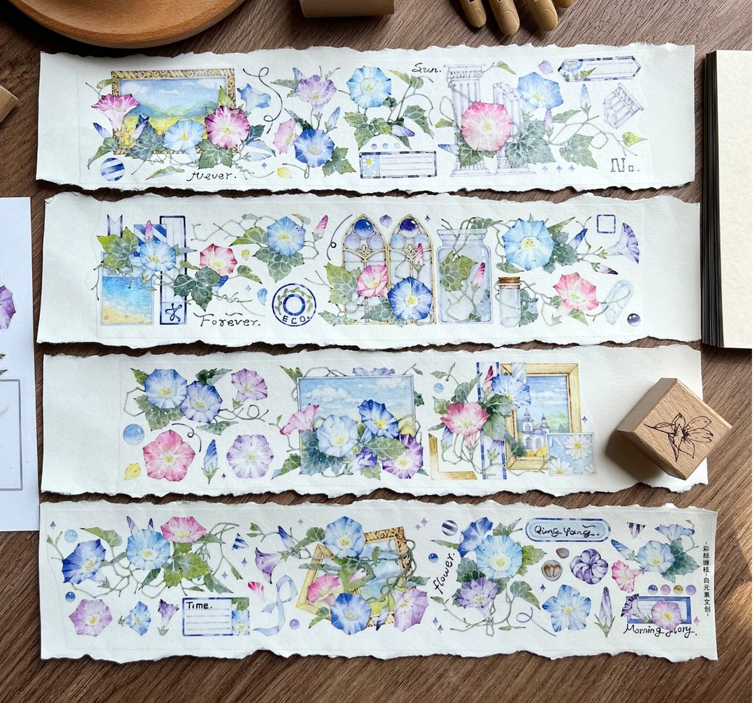彩顏纏枝 - PET和紙膠帶花朵花卉插畫DIY手帳日誌裝飾素材 - 纸胶带 - 纸 多色