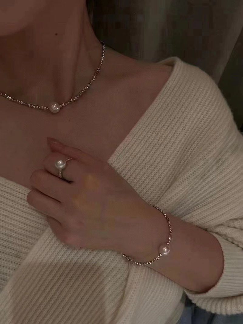 碎银子 天然淡水珍珠 纯银项纯/手链 - 项链 - 珍珠 白色