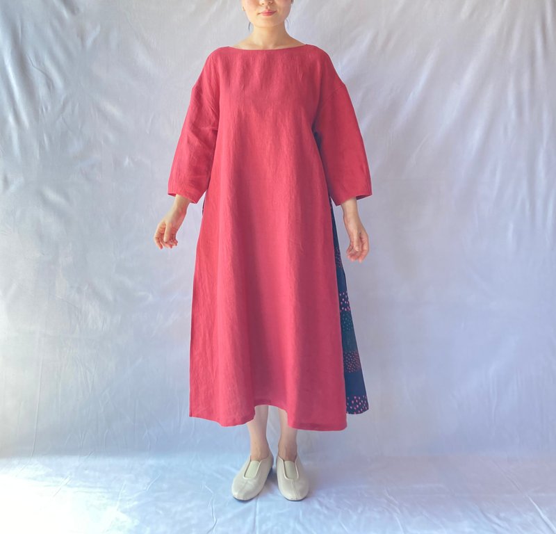 linen combination dress　antiquered/nightrain - 洋装/连衣裙 - 棉．麻 红色