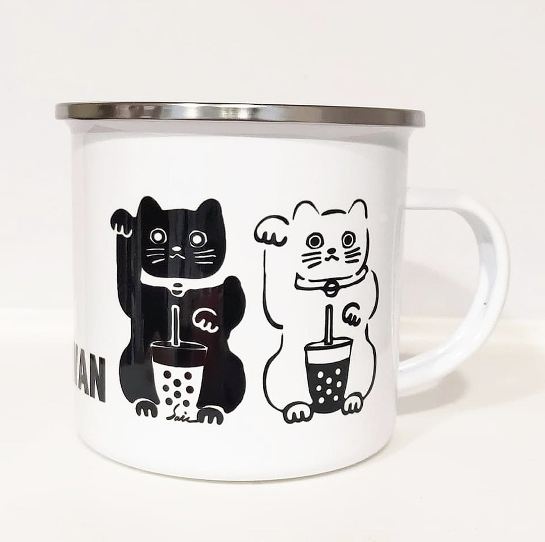 招财猫 猫 搪瓷杯 珐琅杯  厨房用具 早餐 牛奶杯 餐桌 钢杯 珐琅 - 其他杯子 - 其他金属 白色