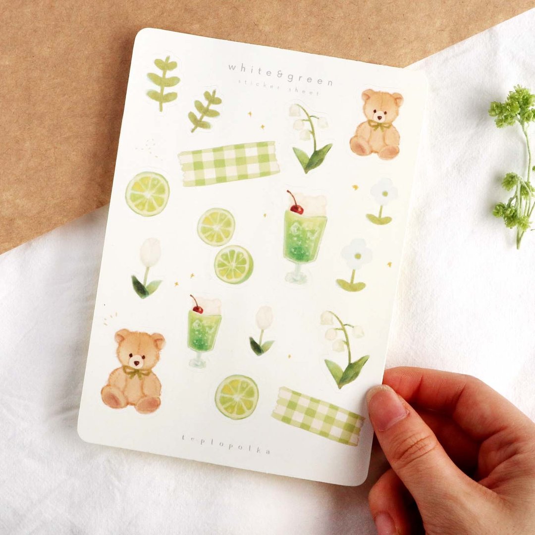 熊熊与绿白贴纸组 - green&white sticker sheet - 贴纸 - 纸 绿色