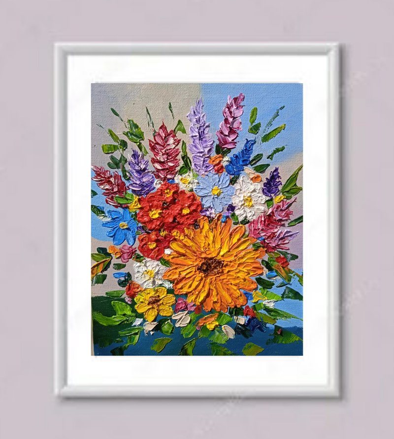 油画鲜艳的花朵洋甘菊向日葵Impasto艺术微型15x20厘米 - 墙贴/壁贴 - 其他金属 多色