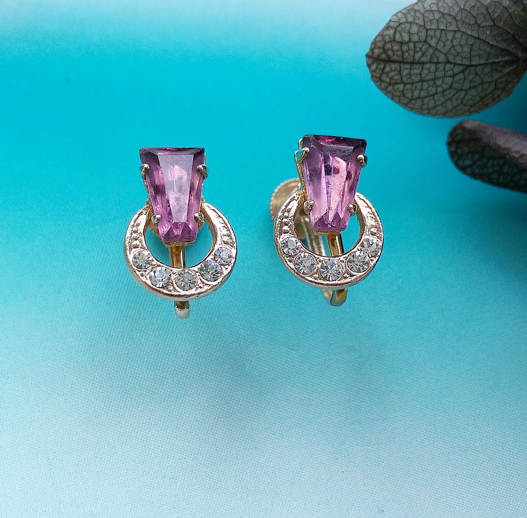 Vintage Jewelry 西洋古董饰品 气质 小巧紫钻 栓式耳环 - 耳环/耳夹 - 其他金属 白色