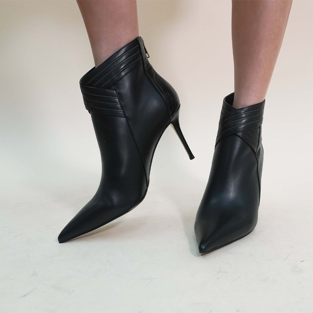 【交叉系列】拼皮高跟短BOOTS - 女款短靴 - 真皮 黑色