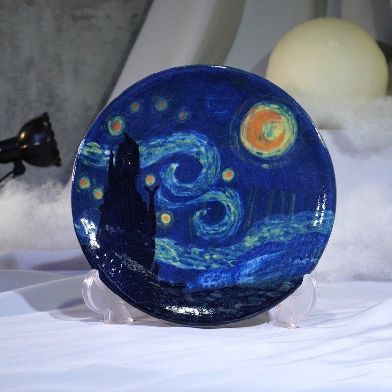 星空手绘陶盘约Ø12.3 cm - 浅碟/小碟子 - 陶 蓝色