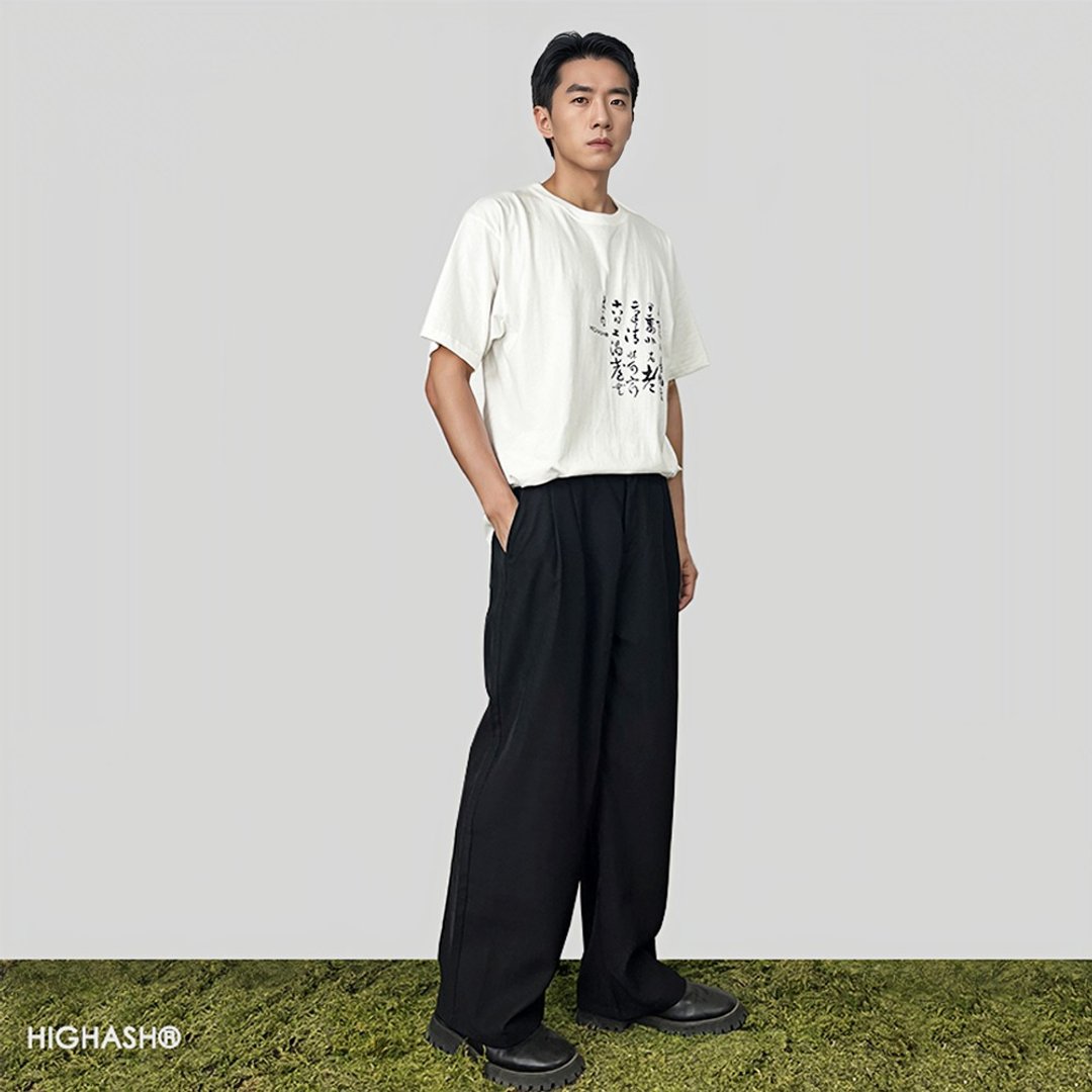 春夏慵懒垂感堆叠cleanfit纯黑色CHIC松紧腰西裤长裤HIGHASH设计 - 男士长裤 - 棉 黑色