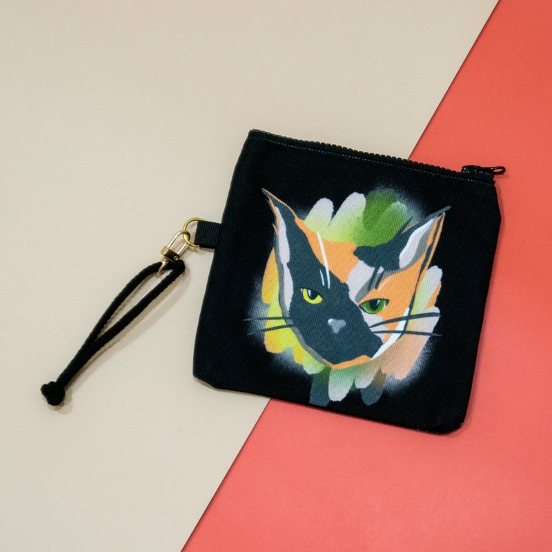 猫咪插画帆布小袋黑色-三花猫 - 化妆包/杂物包 - 聚酯纤维 黑色