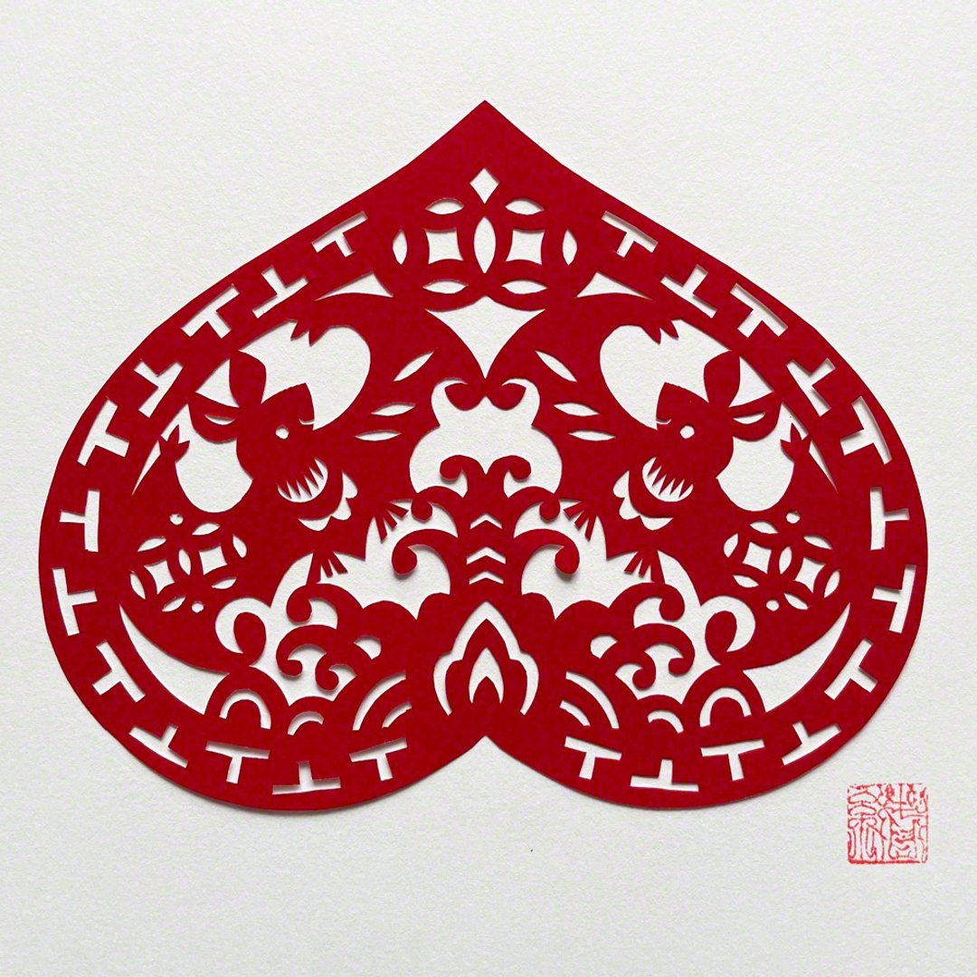 Made-to-order Kirigami Bat and Peach Fukuju Souzen - 海报/装饰画/版画 - 纸 红色