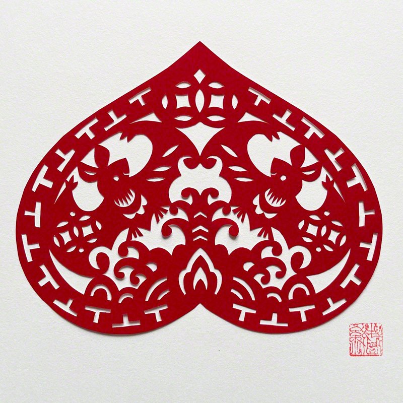 Made-to-order Kirigami Bat and Peach Fukuju Souzen - 海报/装饰画/版画 - 纸 红色