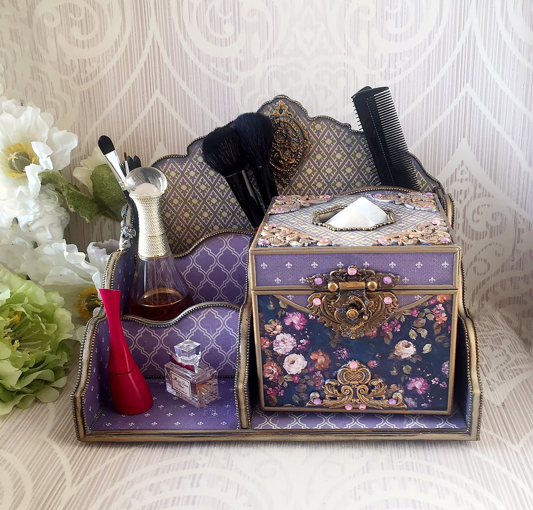 Purple desktop organizer, brush holder, beauty box,Desk organizer, napkin holder - 收纳用品 - 木头 紫色