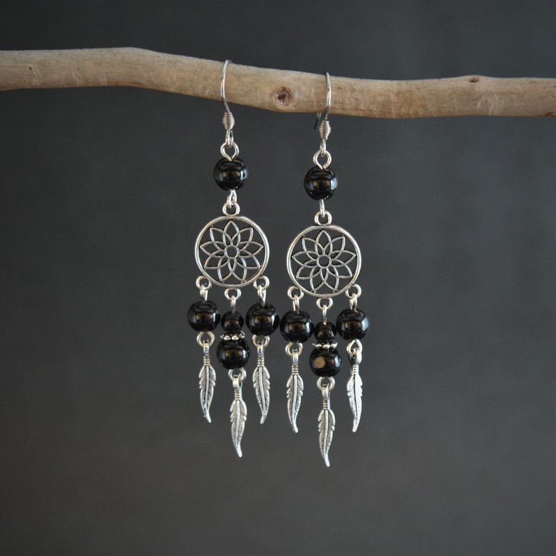 捕梦网黑色缟玛瑙耳环枝形吊灯波西米亚风抗过敏耳环 - 耳环/耳夹 - 其他金属 银色