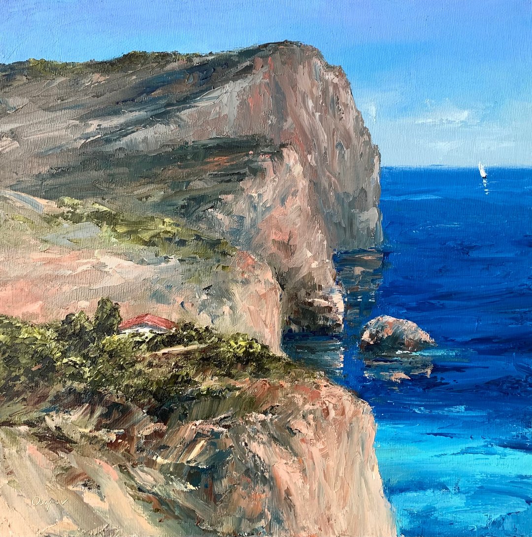 Original Seascape Oil Painting On Canvas Blue Landscape Sailboat Impasto Artwork - 墙贴/壁贴 - 棉 多色