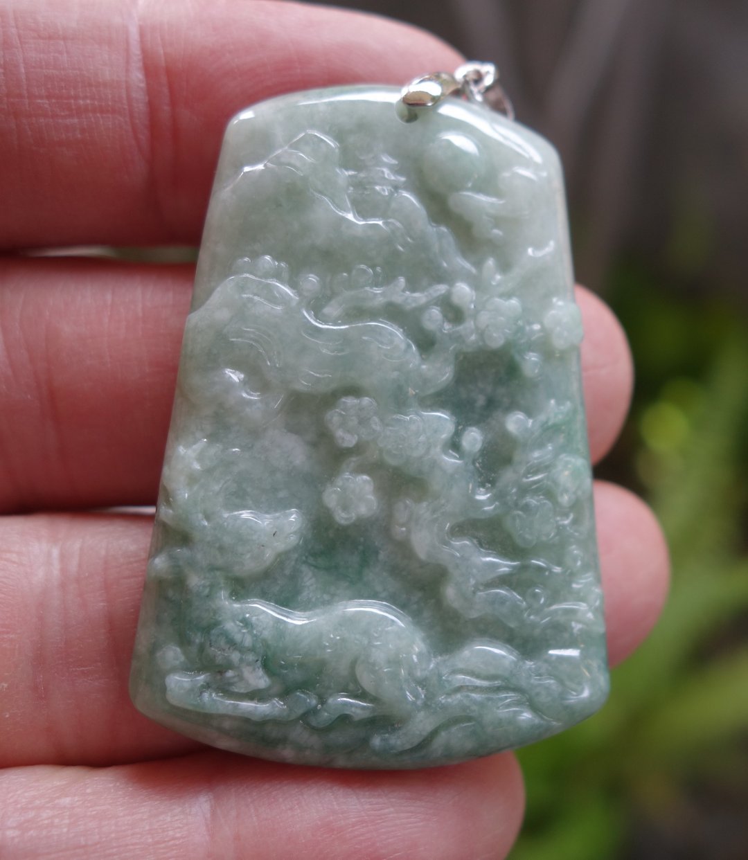 天然A货翡翠 山水玉牌 梅花鹿 吊坠 缅甸翡翠 天然A货 玉牌 玉佩 - 颈链 - 玉石 绿色